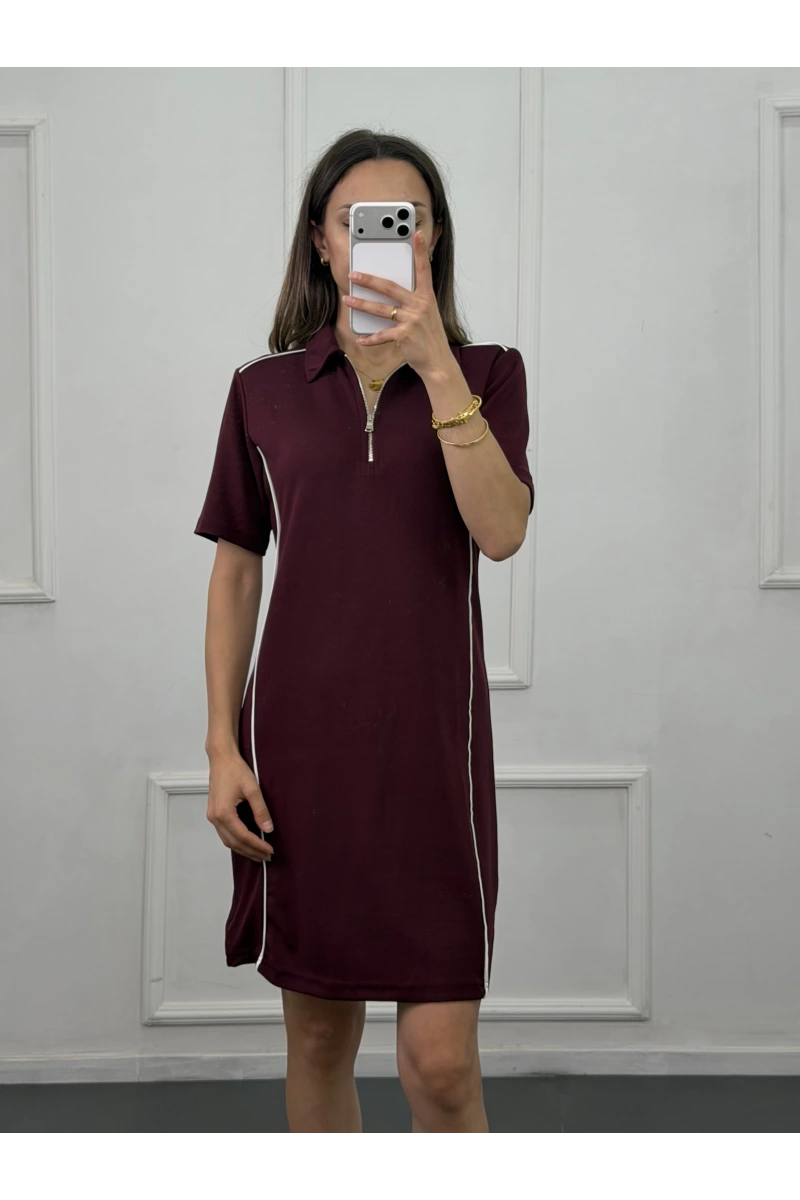 Polo Yaka Fermuarlı Şerit Detaylı Elbise