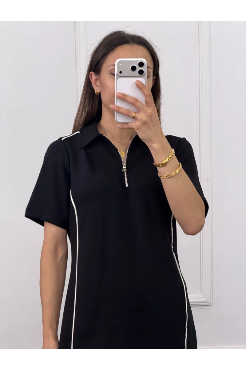 Polo Yaka Fermuarlı Şerit Detaylı Elbise