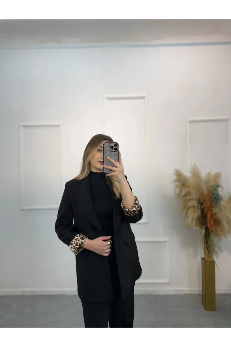 Şal Yaka Leopar Astarlı Blazer Ceket
