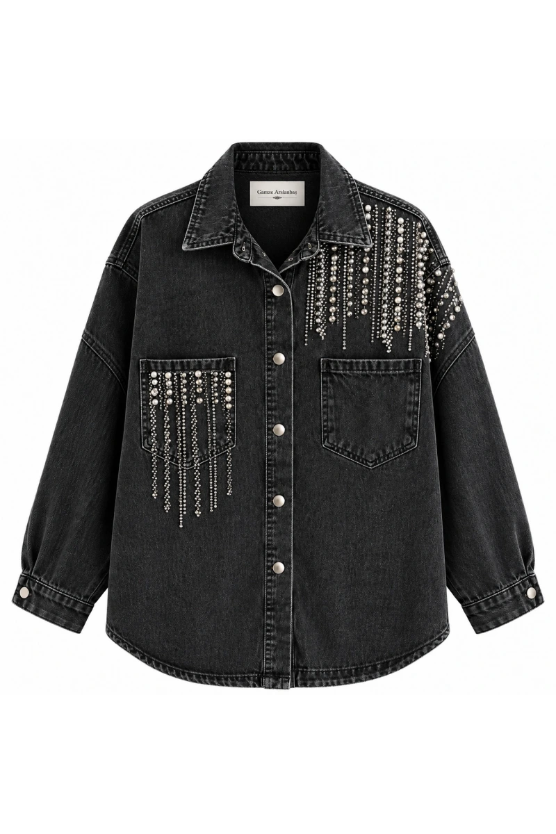 Serpme Çapraz Taşlı Denim Ceket