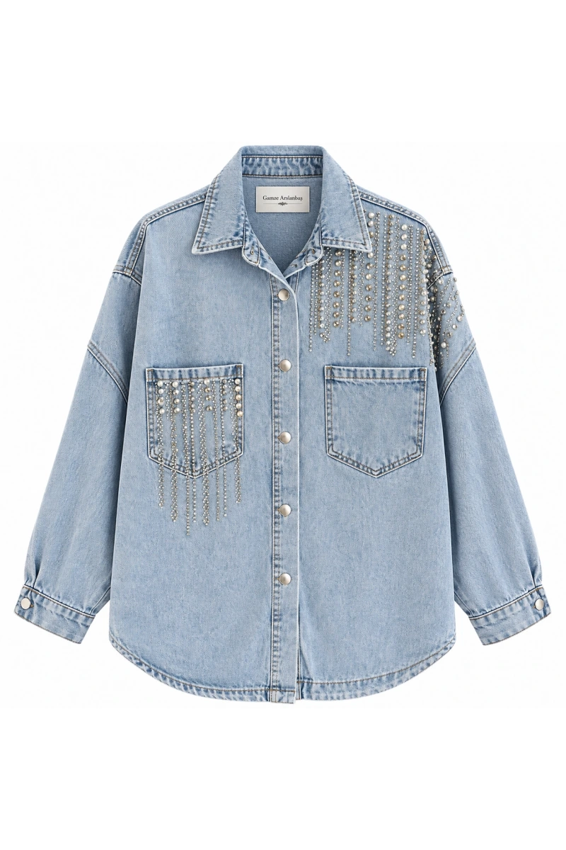 Serpme Çapraz Taşlı Denim Ceket