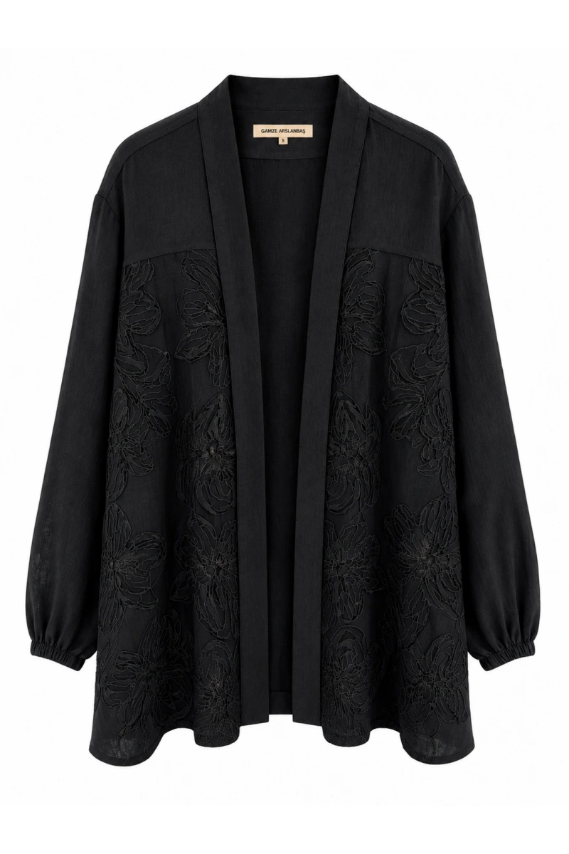 Simli Tül Çiçekli Kimono