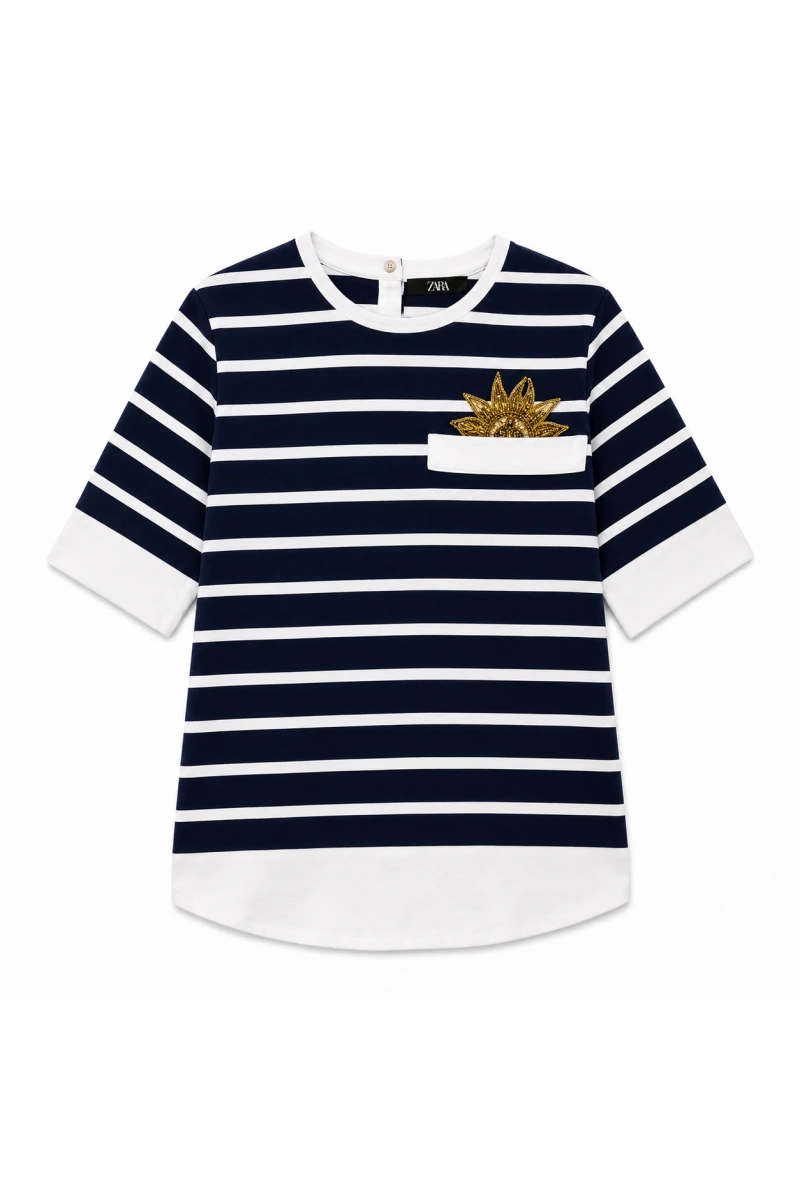 Taş Baskılı Sırt Poplin Garnili  T-Shirt