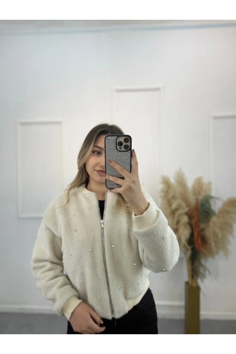 Taş Çakımlı Bomber Peluş Ceket