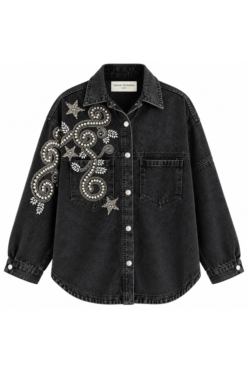 Taş İşlemeli Denim Ceket