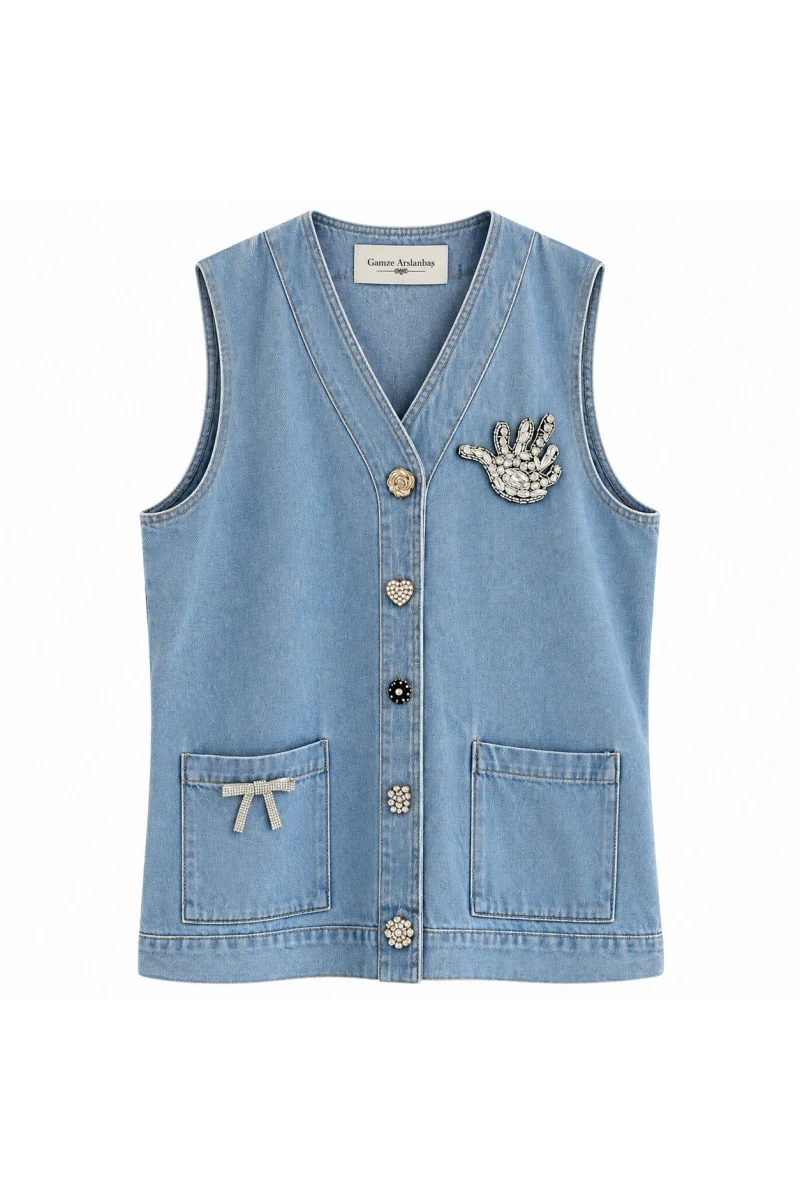 Taş İşlemeli Denim Yelek