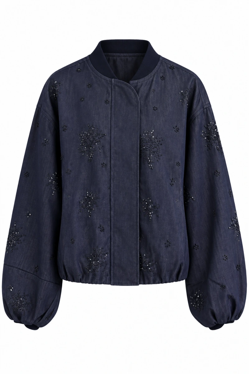 Taşlı Denim Bomber Ceket