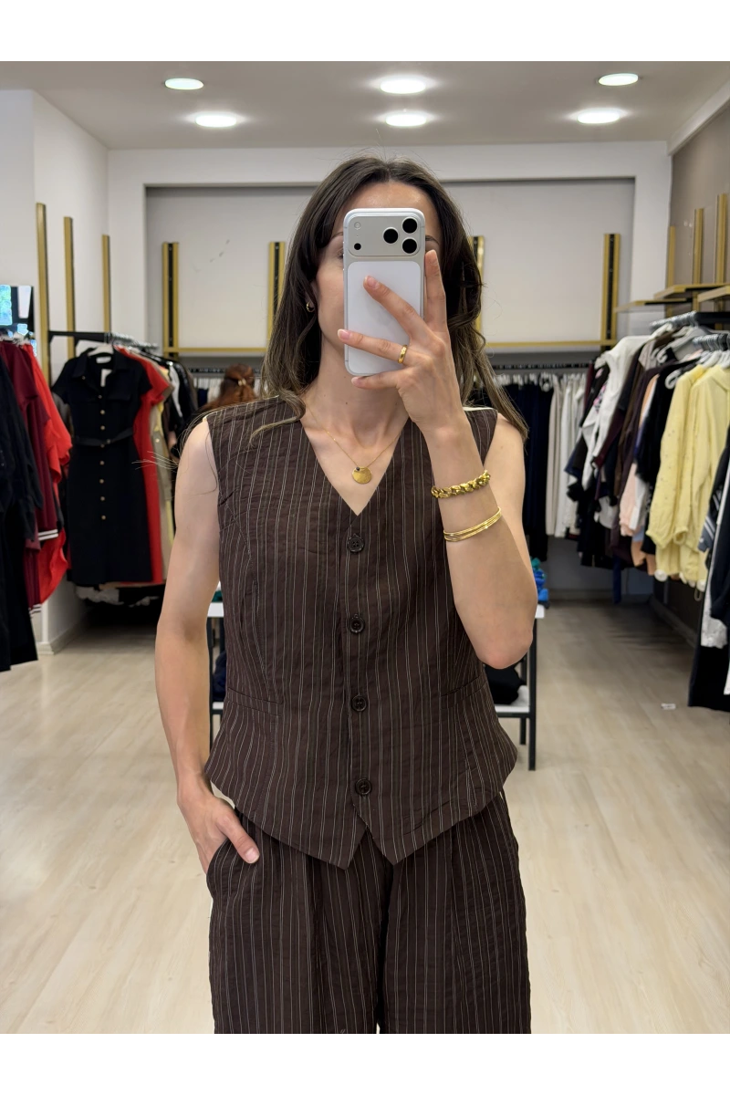 Twist Çizgi Desen Nakışlı Yelek Ve Blazer Üçlü Takım