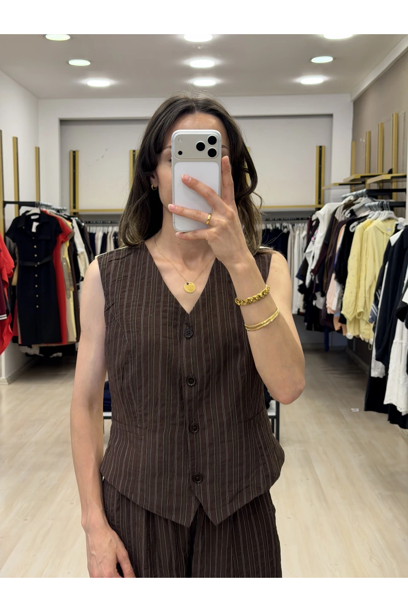 Twist Çizgi Desen Nakışlı Yelek Ve Blazer Üçlü Takım