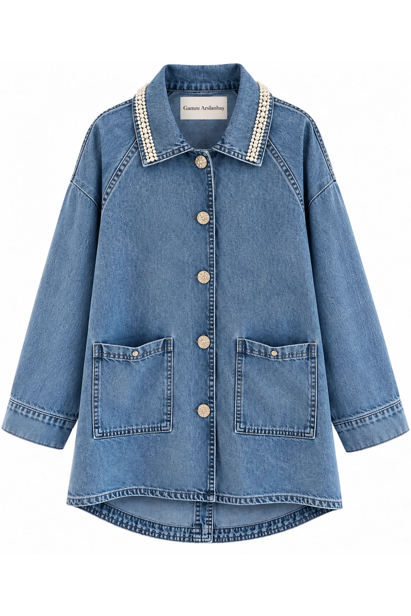 Yaka İnci Çakımlı Denim Ceket
