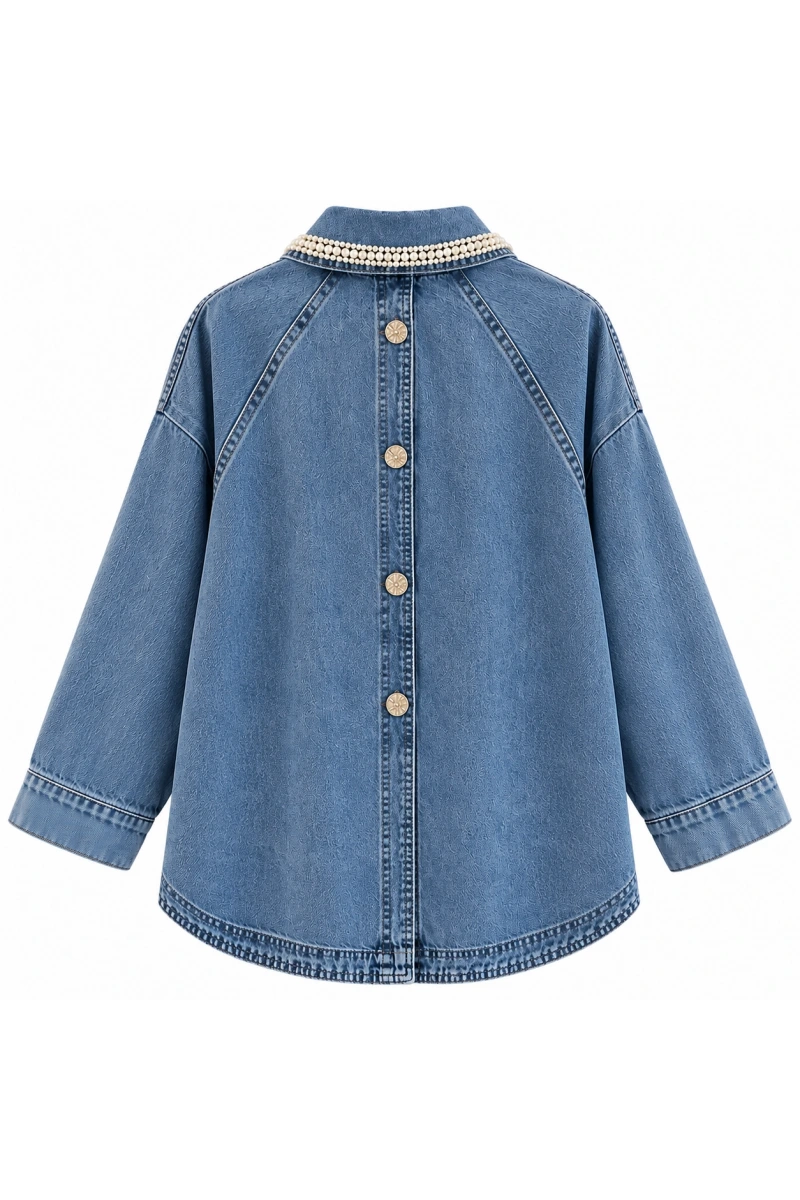 Yaka İnci Çakımlı Denim Ceket