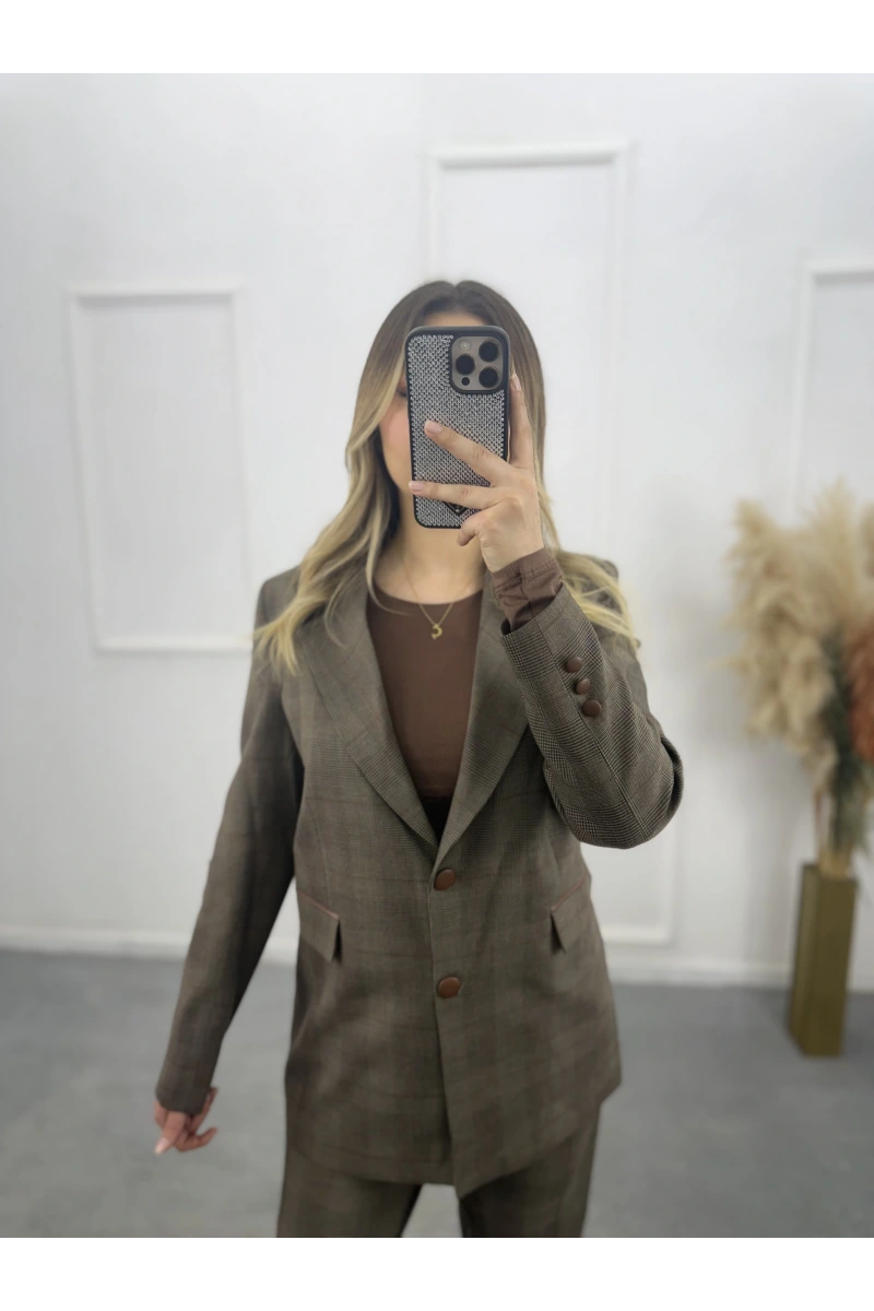 Zra Deri Garnili Çizgili Blazer İkili Takım