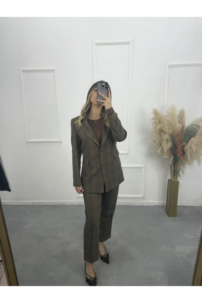 Zra Deri Garnili Çizgili Blazer İkili Takım