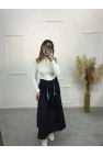 Fular Kemerli Gabardin Pileli Denim Etek
