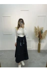 Fular Kemerli Gabardin Pileli Denim Etek