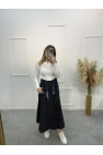 Fular Kemerli Gabardin Pileli Denim Etek