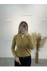 Lori Gold Düğmeli Simli Polo Yaka Triko Kazak