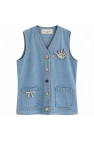 Taş İşlemeli Denim Yelek