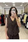 Twist Çizgi Desen Nakışlı Yelek Ve Blazer Üçlü Takım