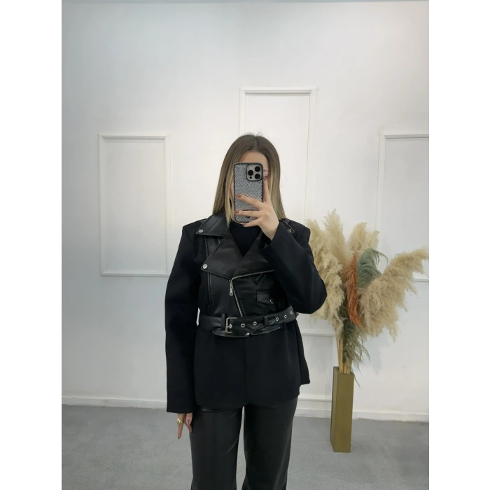 Deri Garnili Blazer Ceket