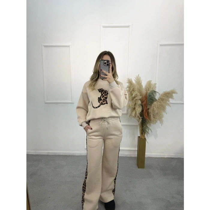 Leopar Şeritli Üç İplik İkili Takım