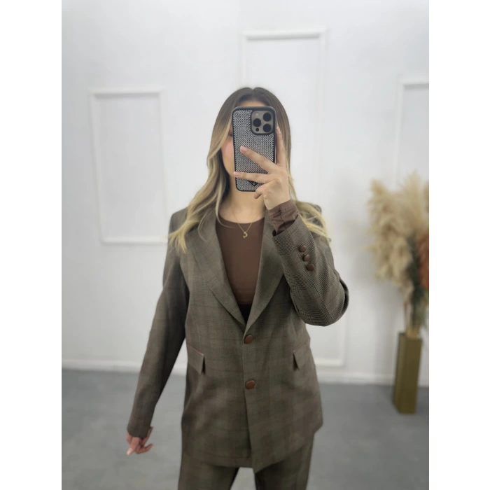 Zra Deri Garnili Çizgili Blazer İkili Takım