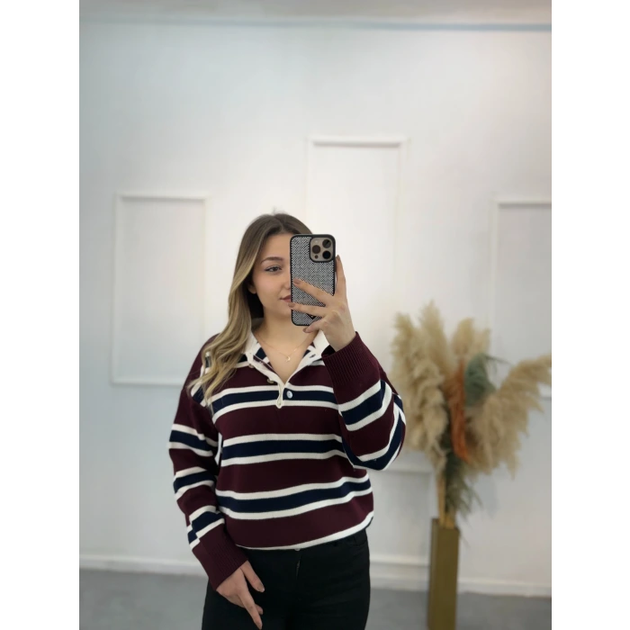 Polo Yaka Çizgili Triko Kazak