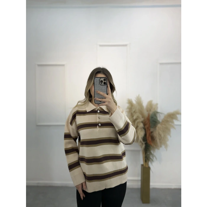 Polo Yaka Çizgili Triko Kazak