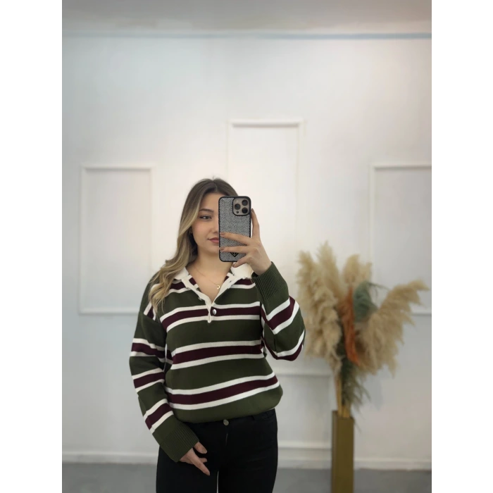 Polo Yaka Çizgili Triko Kazak