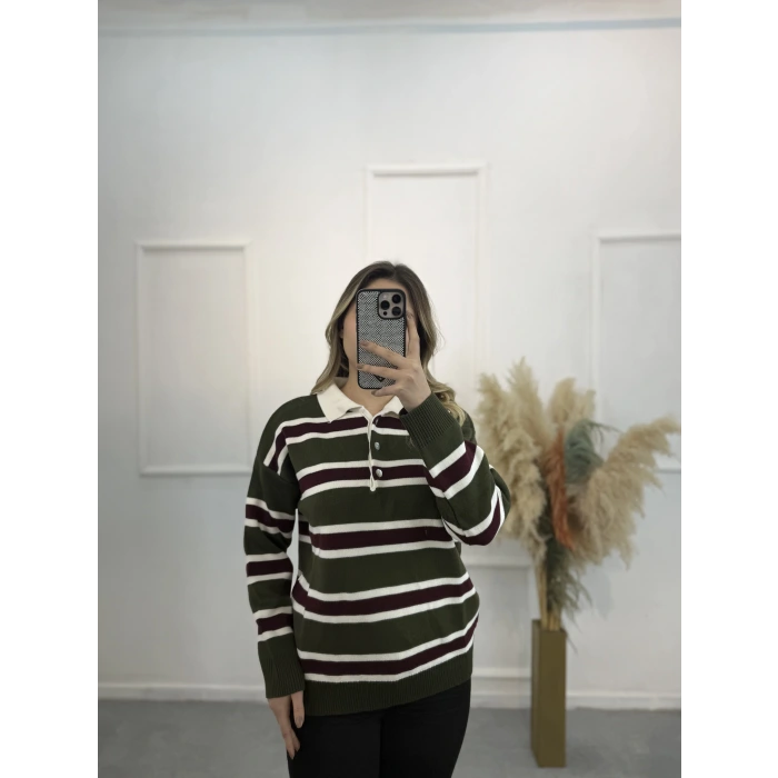 Polo Yaka Çizgili Triko Kazak