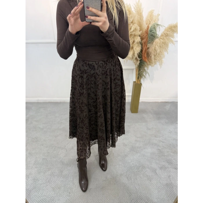 Zirov Dal Desenli Asimetrik Etek