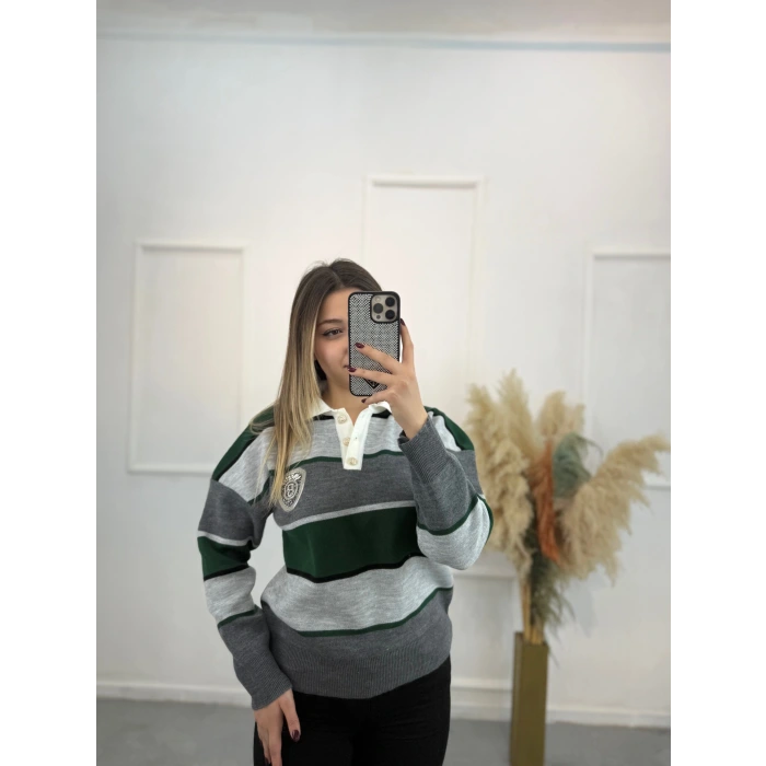 Bymn B Taşlı Kalın Çizgili Tiriko Kazak