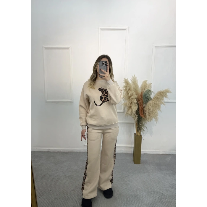 Leopar Şeritli Üç İplik İkili Takım