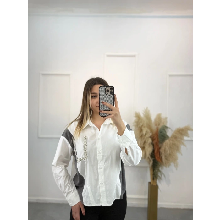 Triko Poplin Taş Detaylı Gömlek