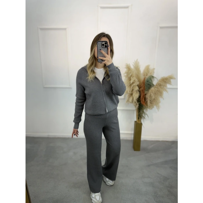 Oxter Fermuarl Kapişonlu Triko İkili Takım