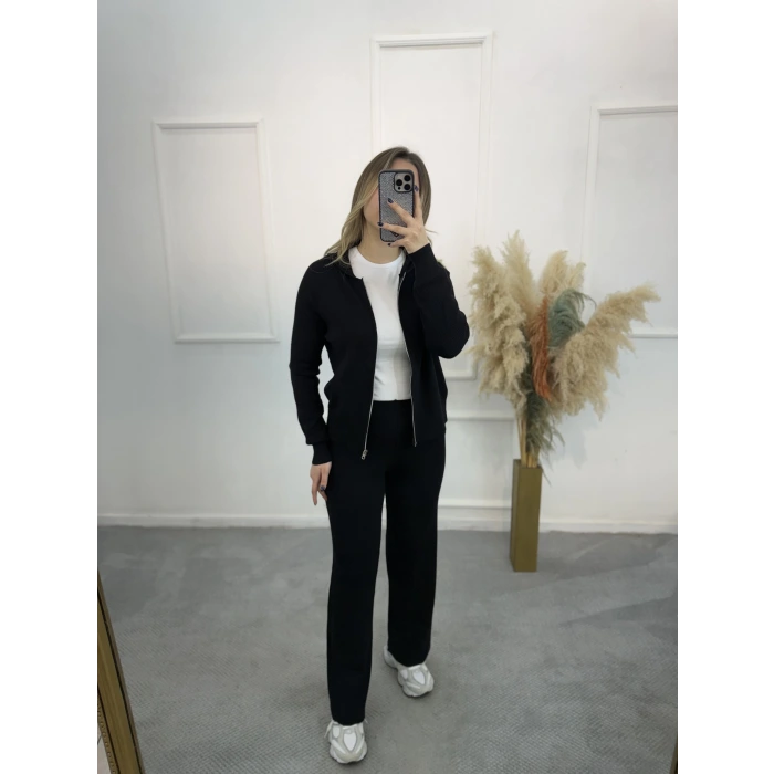 Oxter Fermuarl Kapişonlu Triko İkili Takım