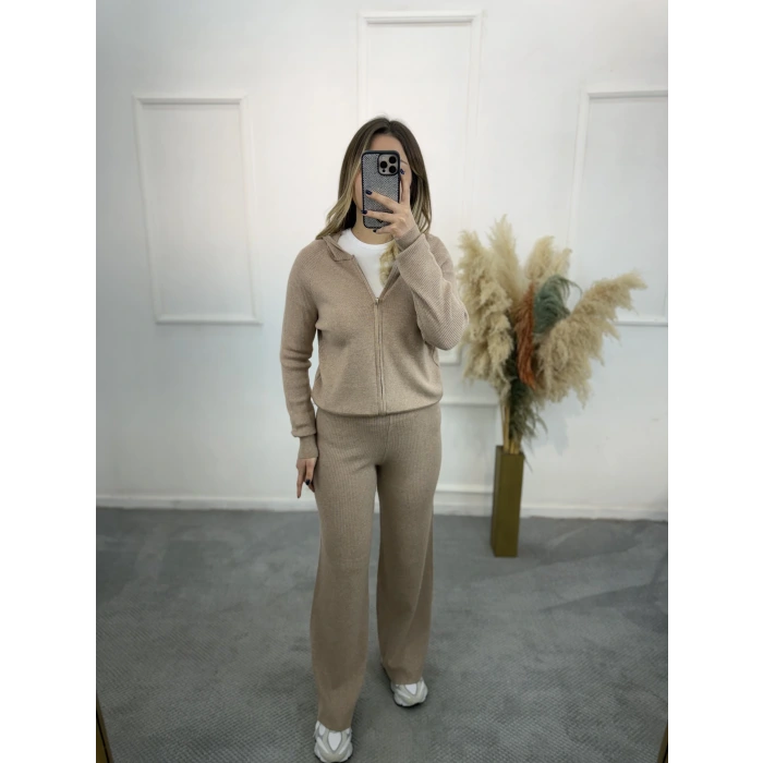 Oxter Fermuarl Kapişonlu Triko İkili Takım