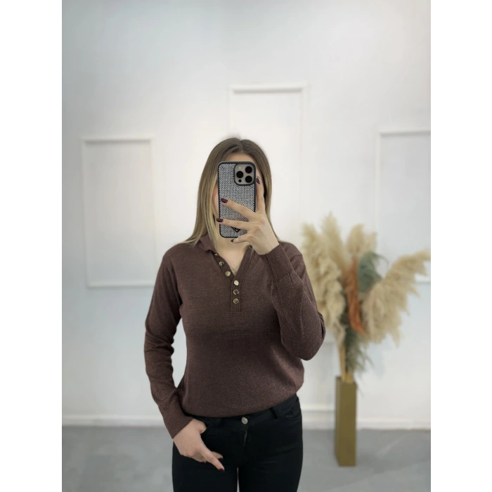Lori Gold Düğmeli Simli Polo Yaka Triko Kazak