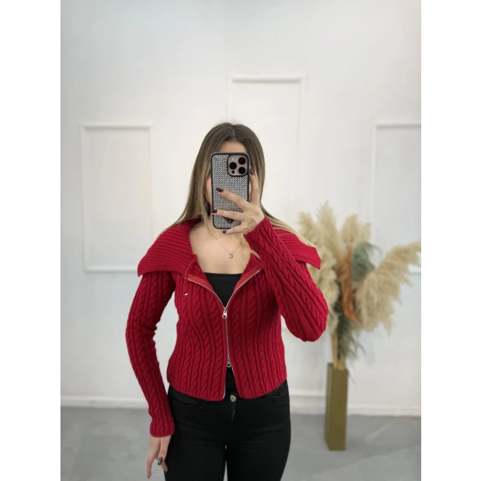 Heliz Fermuarlı Örgülü Hırka