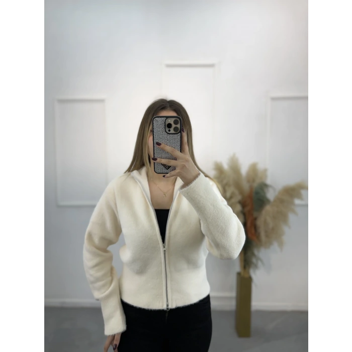 Vinta Çift Fermuarlı Tüylü Hırka