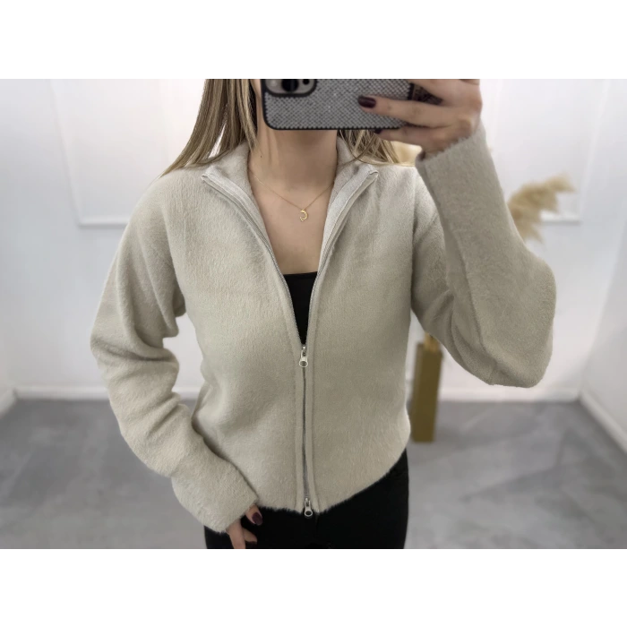 Vinta Çift Fermuarlı Tüylü Hırka