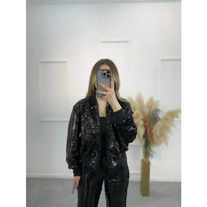 Ribana Detaylı Astarlı Payet Bomber Ceket