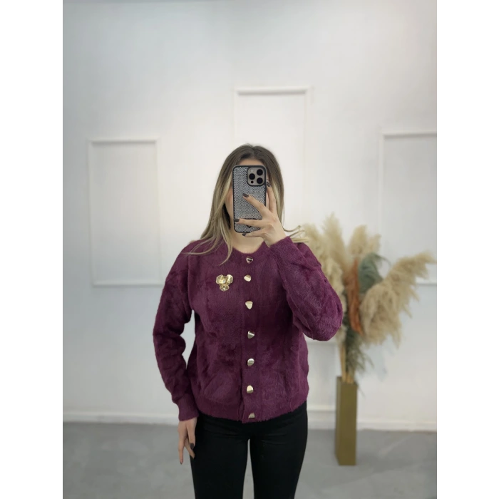 Angora Broşlu Düğmeli Hırka