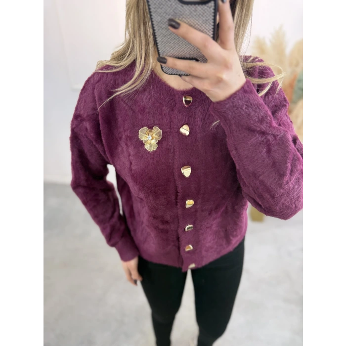 Angora Broşlu Düğmeli Hırka