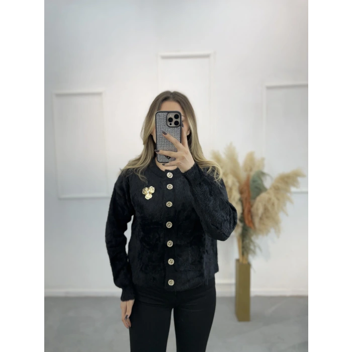 Angora Broşlu Düğmeli Hırka