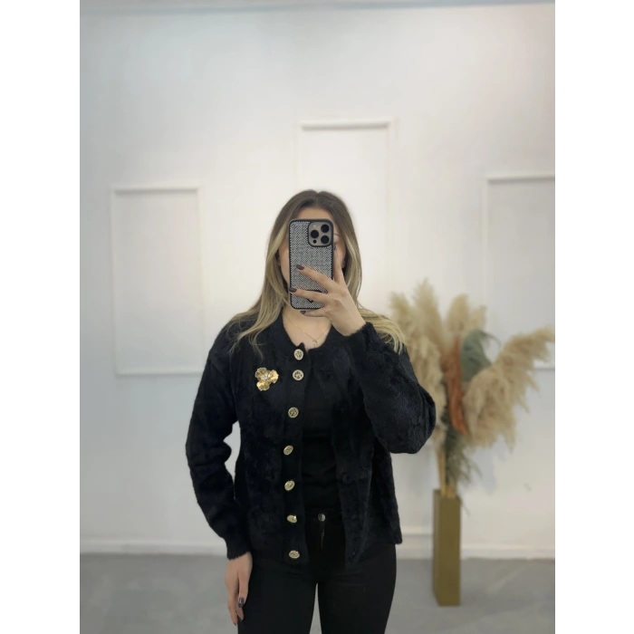 Angora Broşlu Düğmeli Hırka