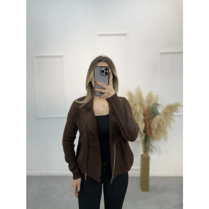 Angora Fermuar Detaylı Gömlek Yaka Hırka