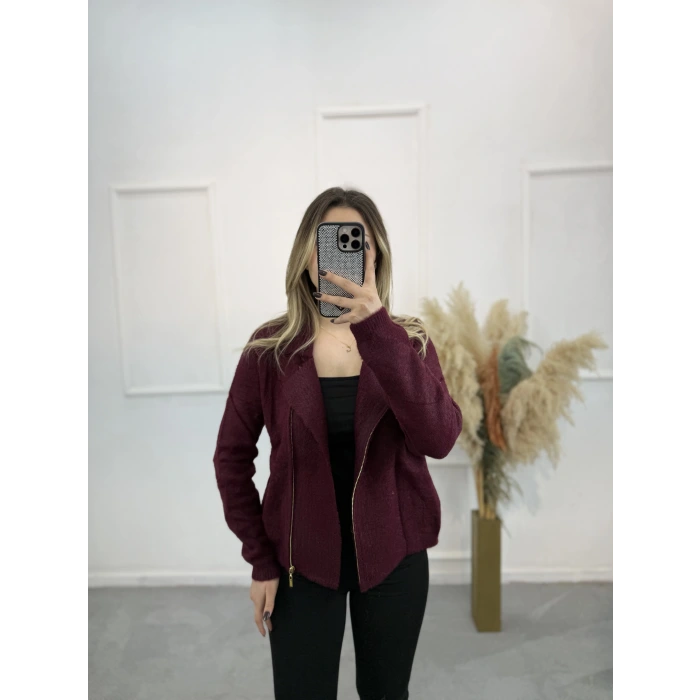 Angora Fermuar Detaylı Gömlek Yaka Hırka