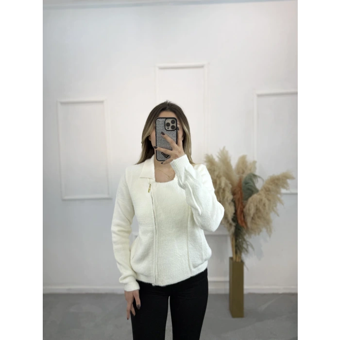 Angora Fermuar Detaylı Gömlek Yaka Hırka
