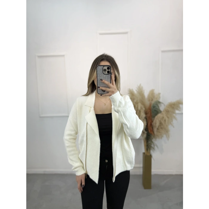 Angora Fermuar Detaylı Gömlek Yaka Hırka